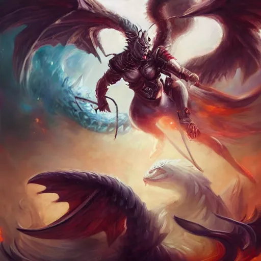 Prompt: Powerful battle between mythical creatures painted by Astri lohne