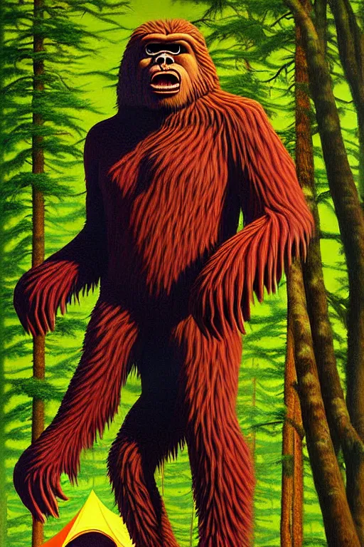 Image similar to a hyperrealistic painting of a bigfoot outside of camping tent, cinematic horror by jimmy alonzo, the art of skinner, chris cunningham, lisa frank, richard corben, highly detailed, vivid color,