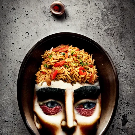 Image similar to johnny depp made out of jambalaya, a human face made out of a bowl of jambalaya, professional food photography