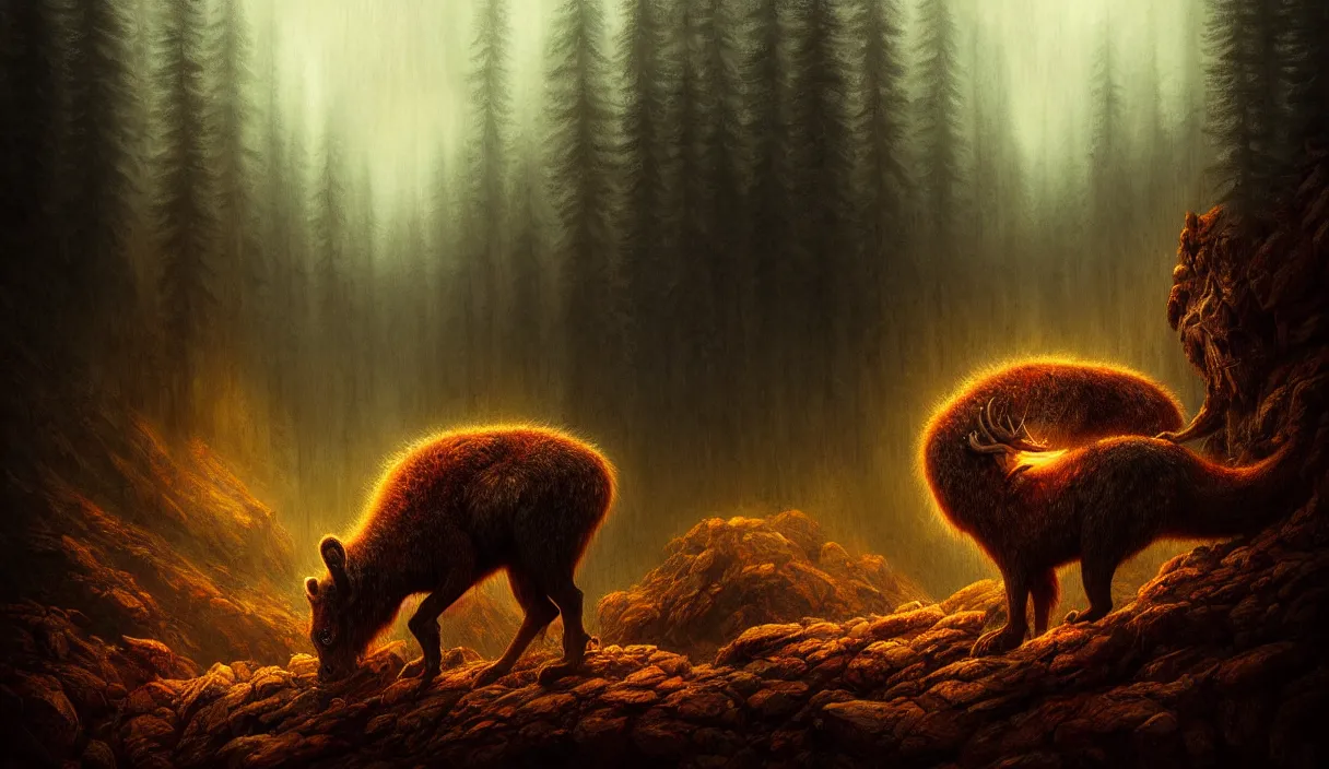 Prompt: epic professional digital art of hungry eyes, ambient amber light, painted, mysterious, cinematic mountain animal scene, eerie, mythic, detailed, intricate, grand, leesha hannigan, wayne haag, reyna rochin, ignacio fernandez rios, mark ryden, van herpen, artstation, cgsociety, epic, stunning, gorgeous, wow wow detail