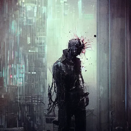 Image similar to screaming cyberpunk, wires, machines by emil melmoth zdzislaw belsinki craig mullins yoji shinkawa realistic render ominous detailed photo atmospheric by jeremy mann francis bacon and agnes cecile ink drips paint smears digital glitches glitchart