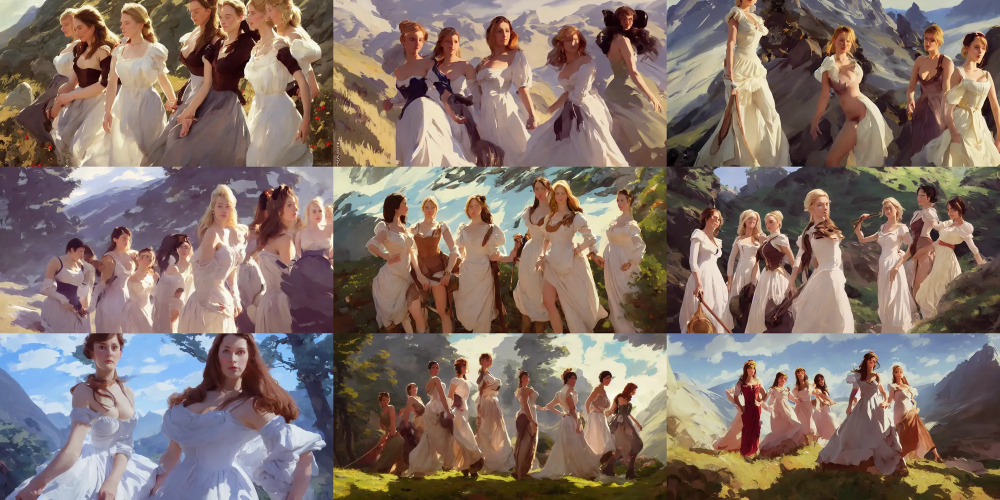 Image similar to five of beautiful finnish norwegian swedish scandinavian attractive glamour models wearing 1 7 th century bodice with low neckline walking in the mountains in a sunny day, jodhpurs greg manchess painting by sargent and leyendecker, studio ghibli fantasy close - up shot asymmetrical intricate elegant matte painting illustration hearthstone, by greg rutkowski by greg tocchini by james gilleard