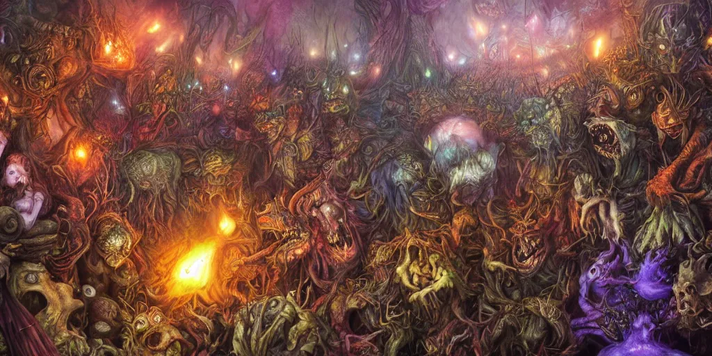 Prompt: ultra-wide view of the most awesome monster party by brian froud and arthur rackham, devils, demons, multiverse, ghosts, witches, pumpkins, dripping, hyper-realistic, bright and colorful, octane render, 8k, extremely detailed, iridescent, photorealistic, horror, gritty, zbrush art, extreme details, cinematic