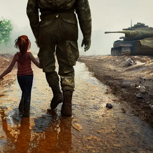 Prompt: little girl holding the hand of a ww 2 soldier as they walk down a muddy road in the french countryside past a destroyed tank on fire, cryengine, vivid colors