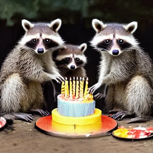 Prompt: three racoons having a cool birthday party, photo, highly detailed