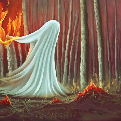 Prompt: ominous bedsheet ghost standing in a forest on fire, zoomed out perspective, oil painting, brush strokes, gloomy foggy atmosphere, symmetrical, full body image, highly ornate intricate details,
