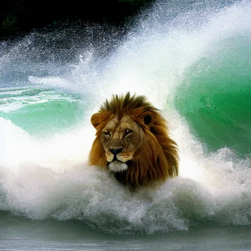 Image similar to a lion's face breaching through a wave