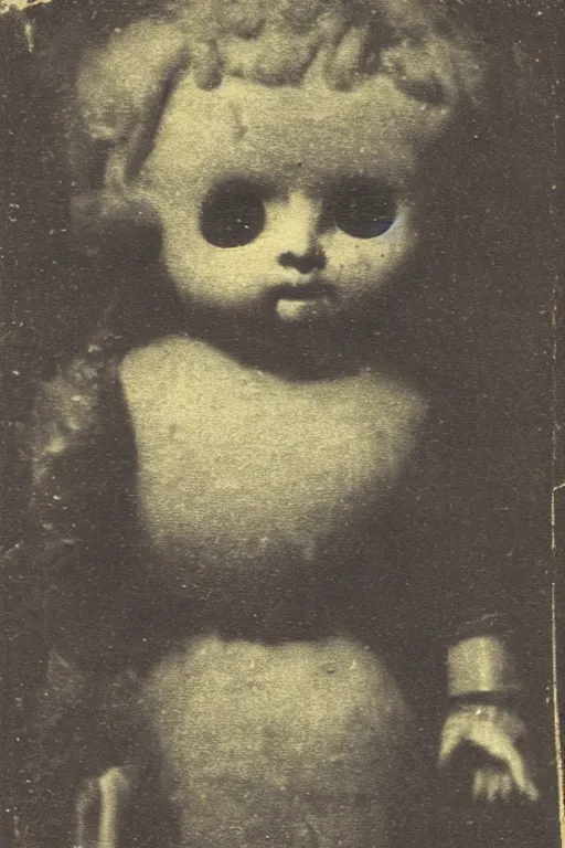 Prompt: faded daguerreotype of a creepy old doll, uncanny valley, disturbing