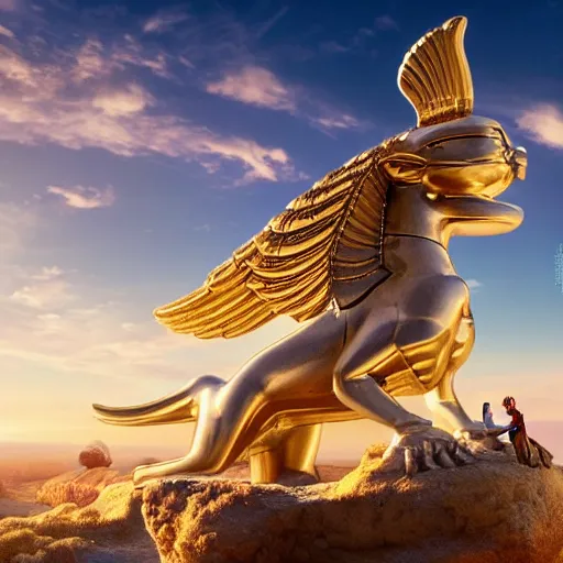 Prompt: modernist jeff koons style neverending story winged sphinx, ultra realistic, golden hour, concept art, intricate details, serious, highly detailed, photorealistic, octane render, 8 k, unreal engine, art by todd mcfarlane and artgerm and greg rutkowski and alphonse mucha