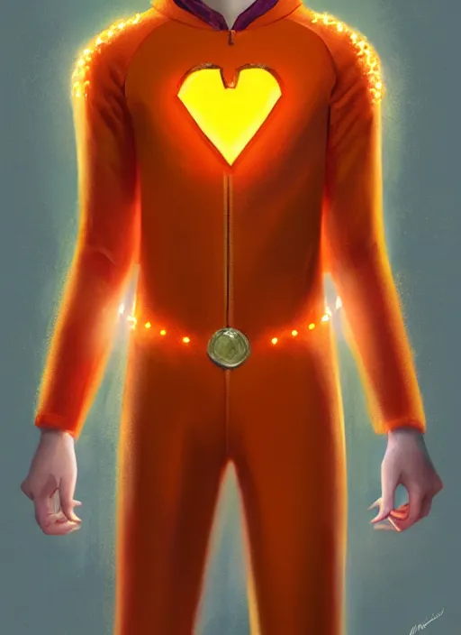 Image similar to kind teenage archie andrews wearing an orange superhero costume, freckles, superhero costume with heart emblem, cape, intricate, elegant, glowing lights, highly detailed, digital painting, artstation, sharp focus, illustration, art by wlop, mars ravelo and greg rutkowski