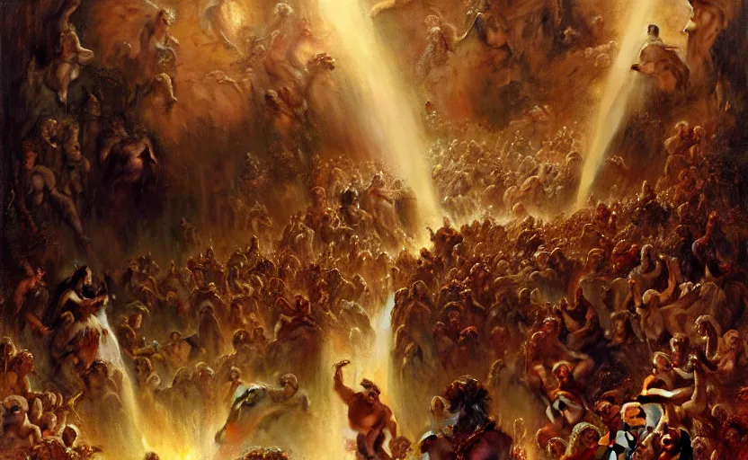 Image similar to alvah angelrune water portal to hell located in heaven, crowd of people, rule of thirds, 4 k, dark bright effect, highly detailed painting by gaston bussiere, craig mullins, j. c. leyendecker, michelangelo