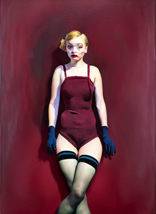 Image similar to oil painting of AnnaSophia Robb, stockings, WWII soldier uniform, frozen stare in a void room of existential maroon horror painted by John Singer Sargant, inspired by paintings of Francis Bacon and Bryan Lee O'Malley and Edward Hopper