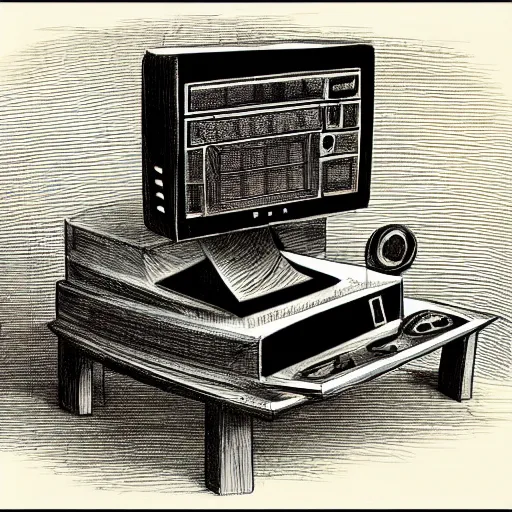 Image similar to sketch concept art of a computer with four legs, white background, illustrated by Robert Hooke, 8k, 4k