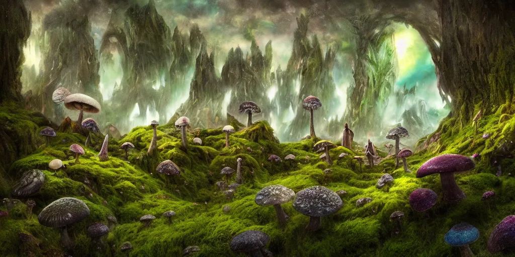 Image similar to surreal fairyland scenery landscape, lord of the rings, aurora borealis, mist, monoliths, flowers, mushroom structures, moss highly detailed, vivid color, perfect lighting, perfect composition, 8 k, brian froud, artgerm, derek zabrocki, greg rutkowski