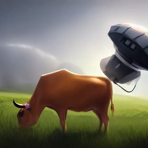 Prompt: digital art painting of a UFO abducting a cow in an empty field, mysterious, sci fi, alien, extraterrestrial, trending on artstation cgsociety,