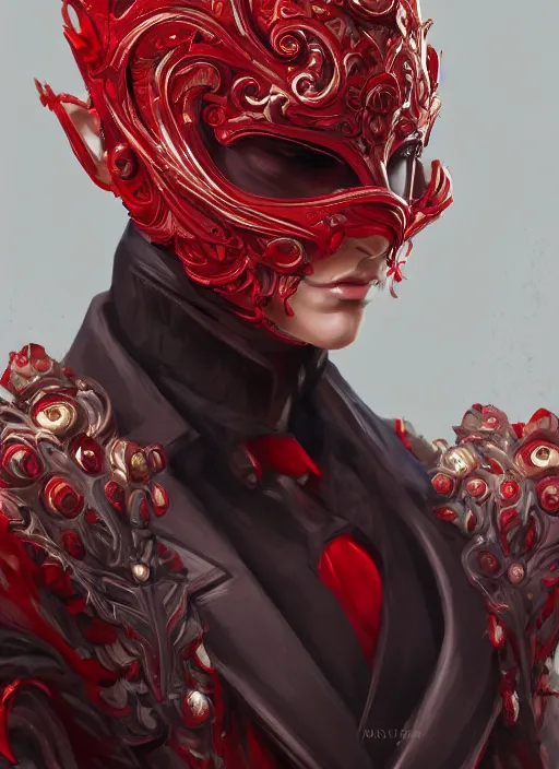 Image similar to a highly detailed illustration of short wavy haired man wearing masquerade and red and black suit, dramatic standing pose, intricate, elegant, highly detailed, centered, digital painting, artstation, concept art, smooth, sharp focus, league of legends concept art, wlop