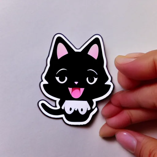 Prompt: die cut sticker of anime chibi cute smiling black cat drawn by artgerm