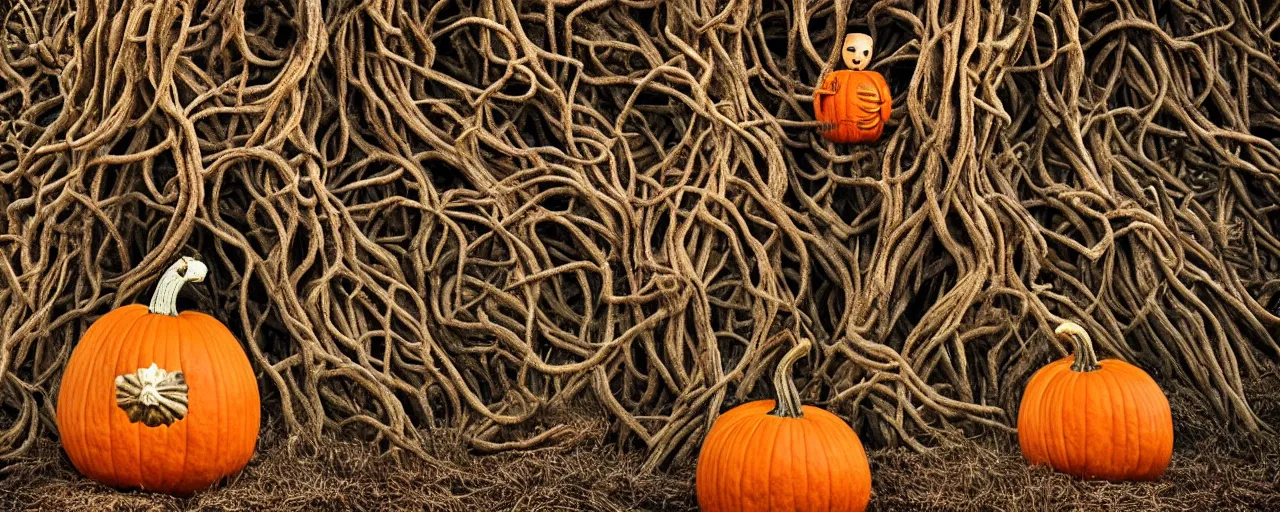 Prompt: a highly detailed boy made of sticks with a pumpkin head in a highly realistic pumpkin patch, twisted vines, fall season, swirling fog, night, dead tree forest, photo real pumpkins, moon, photorealistic, insanely detailed and intricate, epic, volumetric haze, hyper realistic, elegant, ornate, elite, horror, creepy, ominous, haunting, cinematic lighting, unreal engine, symmetrical, cinematic centered camera, high detail by Zdzislaw Beksinski