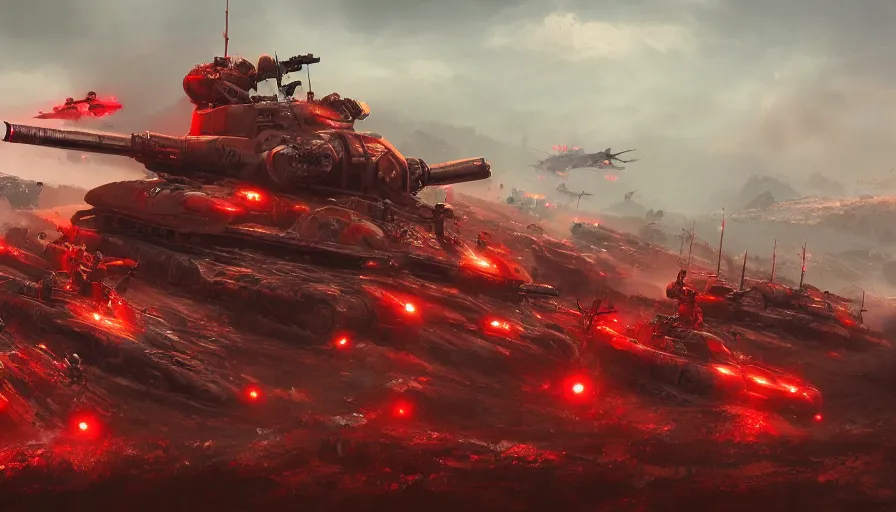 Image similar to red army on a hill lined with allied red tanks, cyberpunk, hyperdetailed, artstation, cgsociety, 8 k