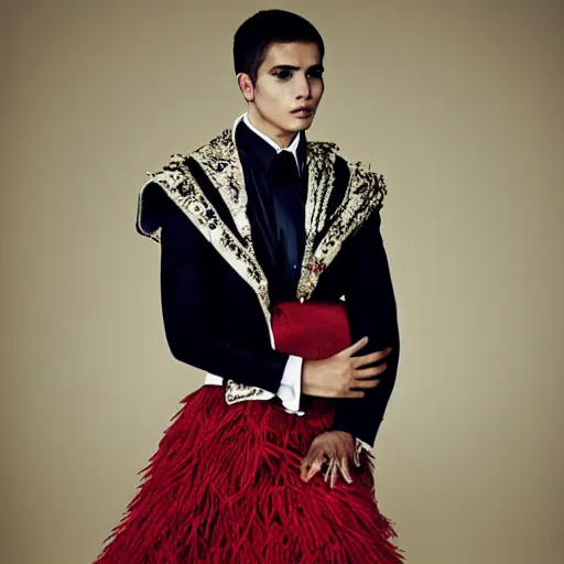 Image similar to a portrait of a beautiful young mexican male wearing alexander mcqueen couture , photographed by andrew thomas huang, artistic