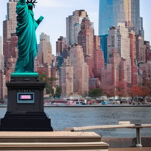 Image similar to liberty statue sitdown pose, new York background, very convincing