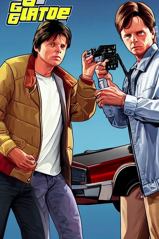 Image similar to GTA V cover art based on Back to the Future, starring Marty Mcfly, played by Michael J Fox. Marty Mcfly on the cover.