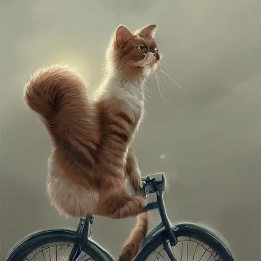 Image similar to head and shoulders masterpiece portrait of cute cat riding a bicycle, surreal background, digital art by Krenz Cushart, trending on artstation, cgsociety,