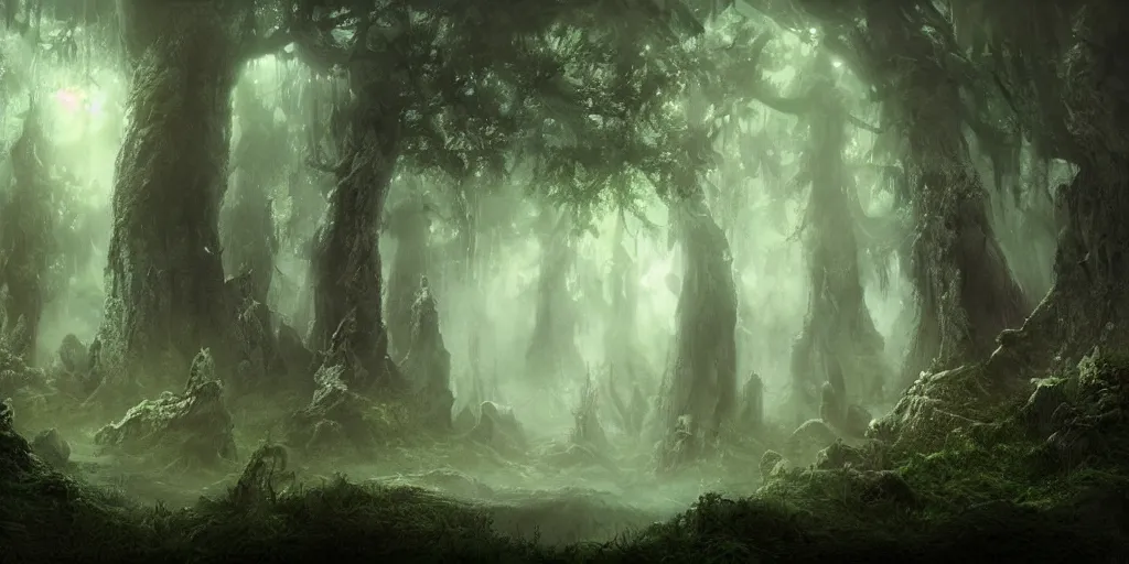 Image similar to beautiful matte painting of a fantasy dark forest