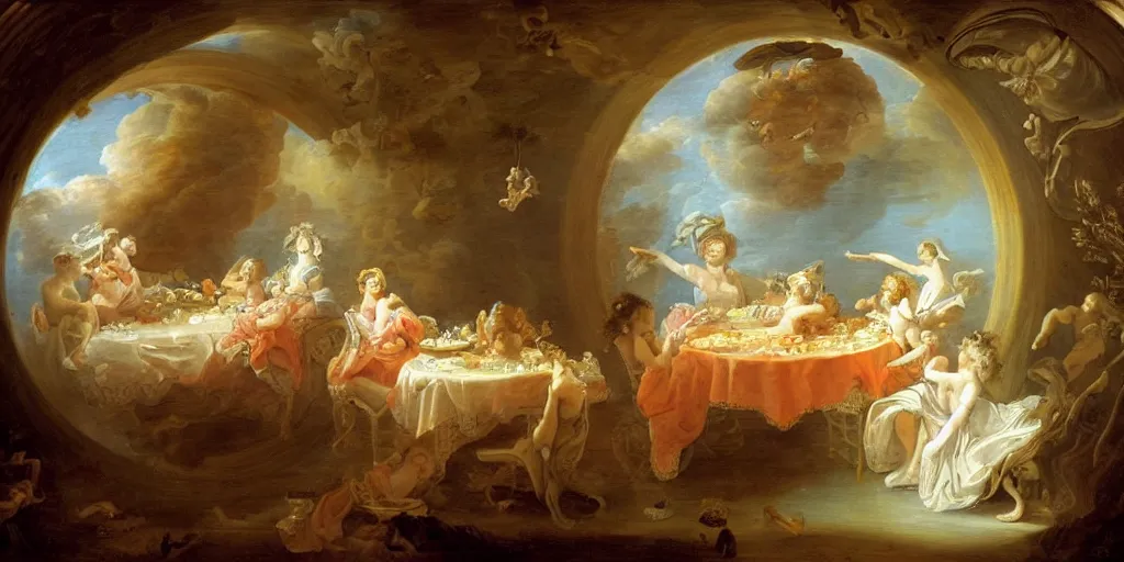 Prompt: Eating hot pot in the space station with Saturn outside the round window, in style of Jean-Honore Fragonard, surrealist