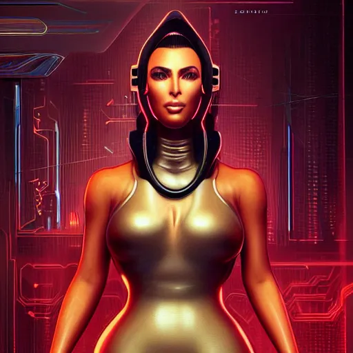 Image similar to kim kardashian in futuristic leotard with hood, cyberpunk 2 0 7 7 character, expressive pose, intricate, elegant, highly detailed, digital painting, artstation, concept art, smooth, sharp focus, illustration, art by artgerm and greg rutkowski and alphonse mucha