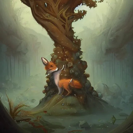 Prompt: peter mohrbacher's the tree of life | krita, storybook illustration of a wounded fox, by peter mohrbacher. top - paintings snow princess by peter mohrbacher, mohrbacher