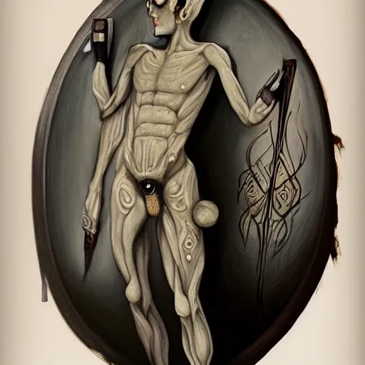 Prompt: fantasy painting of a pale man with a black blade covered in runes, painted by Robert Gould, ultra detailed, 8k