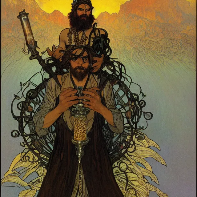 Prompt: an aesthetic! a detailed portrait of a man in a long beard, with a crown, holding a lantern with mountains of gold in the background, black birds flying overhead!! by frank frazetta and alphonse mucha, oil on canvas, art nouveau dungeons and dragons fantasy art, hd, god rays, ray tracing, crisp contour lines, huhd