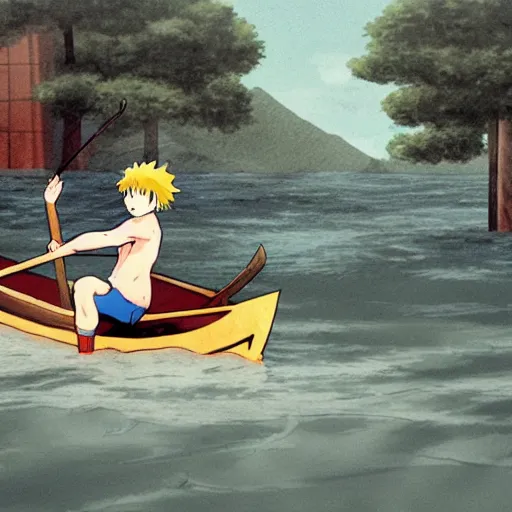 Prompt: anime boy with roman statue on canoe in flooded vancouver ruins, ghibli style