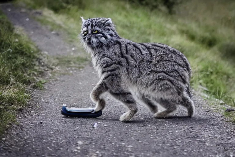 Prompt: wildlife photography of a Pallas cat riding a scooter, by Emmanuel Lubezki