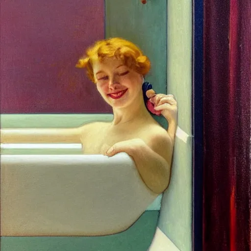 Image similar to realistic oil painting of young woman in a bathtub full of milk, smiling with her eyes closed as she washes herself, city lights from art deco window, hopper, mucha, irene patten, manara,