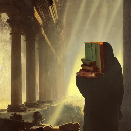 Image similar to half portait of magican wearing a closed cowl with big old book!, jeremy mann, jean leon gerome, tiepolo, alphonse mucha, greg rutkowski, face in the shadows, ( ( ruins of ancient rome ) ), at dusk, mysterious atmosphere, sunrays, dof, masterpiece, high detailed, 8 k