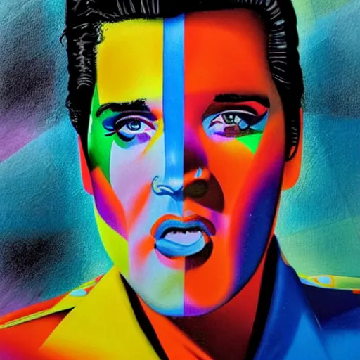 Prompt: elvis presley performing in a jumpsuit, art by alessandro pautasso, rainbow geometric face, fractal, paint splash beautiful