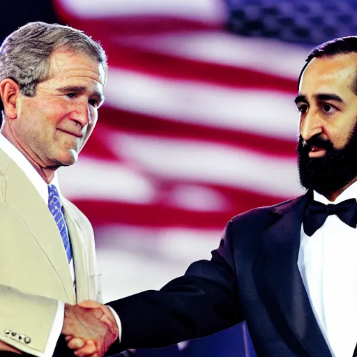 Image similar to george w bush shaking hands with osama bin laden, 8k cinematic lighting, very sharp detail, anatomically correct