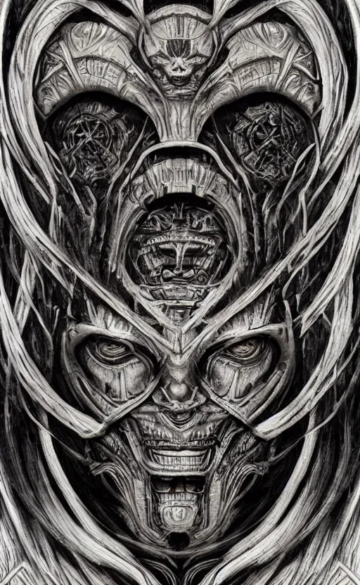 Prompt: H.R. Giger and Elden Ring themed painting of ancient hybrid majestic aztec shaman fantasy cyber human beautiful symmetrical face angry mask closeup face mask tattoo pattern golden ratio concept, deep forest psytrance Neo-Gothic concept, infinity glyph waves, intricate artwork masterpiece, very coherent artwork, cinematic, full frontal facial features by Artgerm, Takato Yamamoto, Zdizslaw Beksinski, Johnatan Wayshak, Moebius, Ayami Kojima, very coherent artwork, trending on cgsociety, ultra high quality model, production quality cinema model, high detail chromatic ink outline, octane render, unreal engine 8k, hyper realism, high detail, octane render, unreal engine, 8k, High contrast