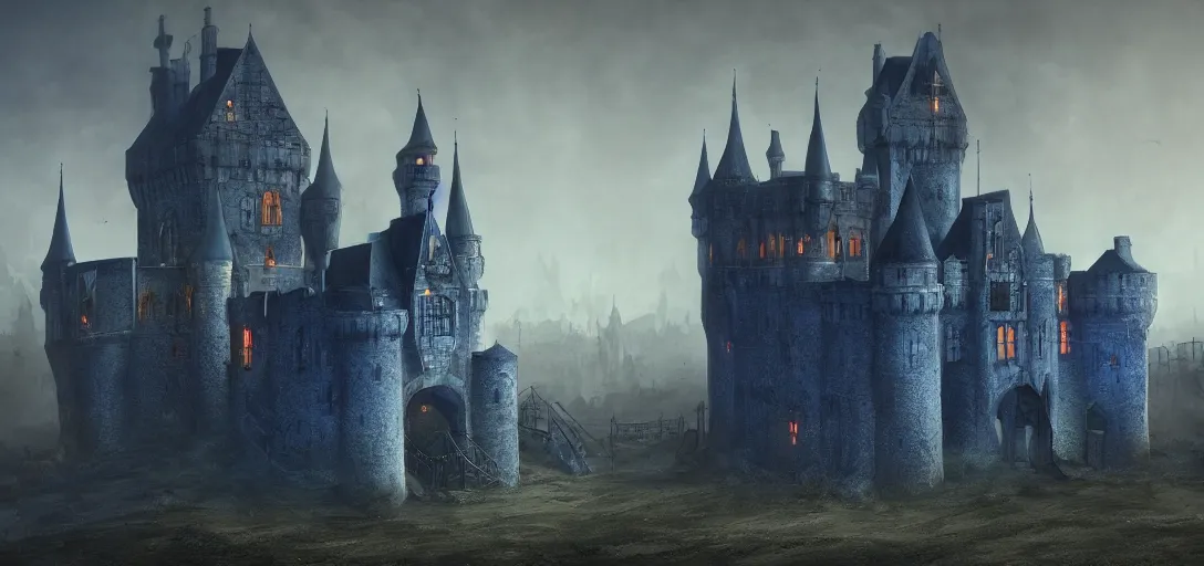 Image similar to A digital concept art painting of a dark blue medieval fantasy european ghotic castle with black brick in desert, 4K UHD image, unreal engine