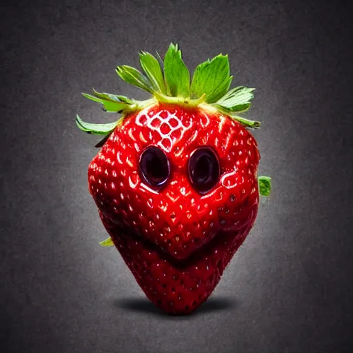 Prompt: photo of a strawberry with a terrifying and threatening face, horror surreal art