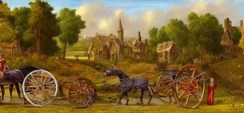 Prompt: a medieval horse - drawn cart, digital art, extreme detail, with the village in the distance