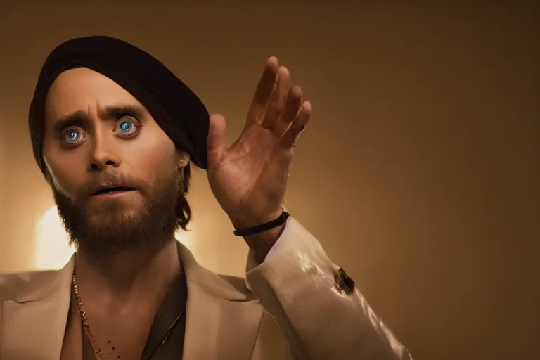 Image similar to Jared Leto as the religious leader Jim Jones in 'Cult' (2006), movie still frame, promotional image, imax 70 mm footage, oscar nominated cinematography, volumetric lighting, 8k resolution