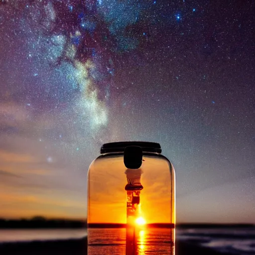 Image similar to a photo of a galaxy in a water bottle on the beach, sunset, award winning photography, 8k