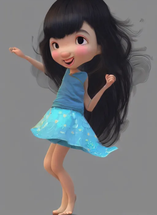 Image similar to a cute asian girl dancing, flowing hair in the style of pixar animation, full body shot, viewed from bellow, award winning, hyper detailed, studio lighting, artstation, octane renderer, unreal engine