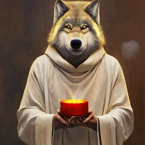 Image similar to fat wolf wearing a monk robes holding incense burner. natural lighting by ruan jia, portrait