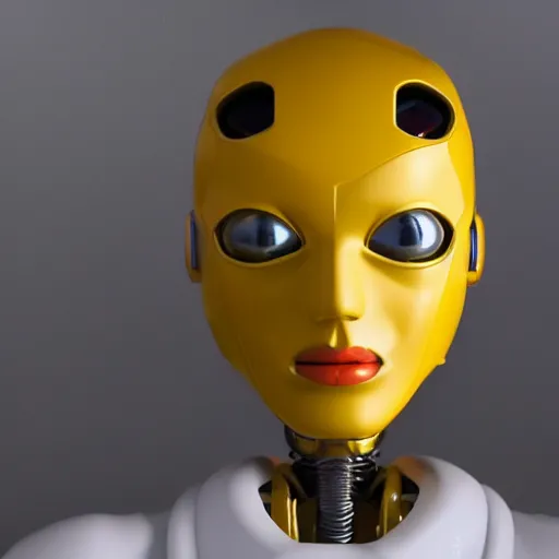 Image similar to still photo of a yellow robot, highly detailed, photorealistic portrait, bright studio setting, studio lighting, crisp quality and light reflections, unreal engine 5 quality render,