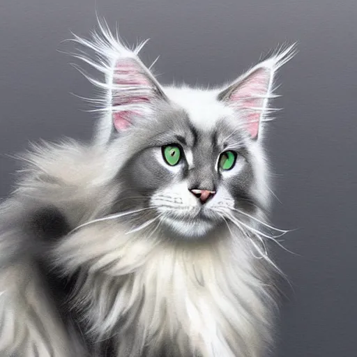 Image similar to a big magnificent dark gray maine coon mix cat with white belly, white paws and white face markings with long fur and fluffy tail, sitting, intricate, elegant, highly detailed, digital painting, artstation, concept art, matte, sharp focus, illustration, art by Artgerm and Greg Rutkowski and Alphonse Mucha