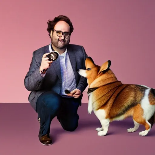 Prompt: Eric Wareheim with a corgi, hyperealism, golden hour